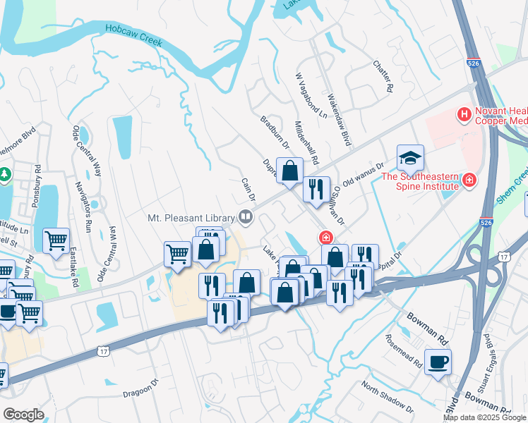 map of restaurants, bars, coffee shops, grocery stores, and more near 768 Natchez Circle in Mount Pleasant