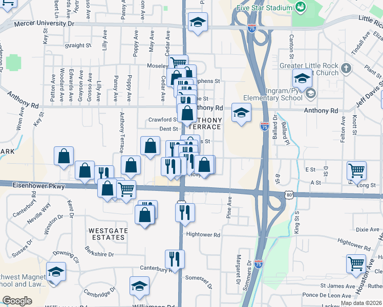 map of restaurants, bars, coffee shops, grocery stores, and more near 2386 Pio Nono Avenue in Macon