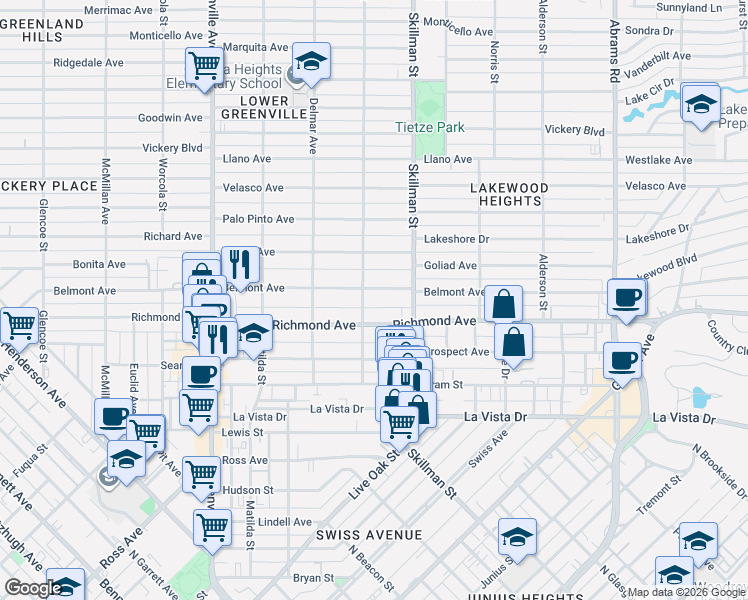 map of restaurants, bars, coffee shops, grocery stores, and more near 6002 Belmont Avenue in Dallas