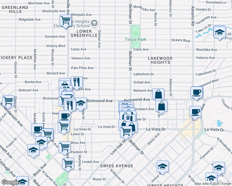 map of restaurants, bars, coffee shops, grocery stores, and more near 6002 Belmont Avenue in Dallas
