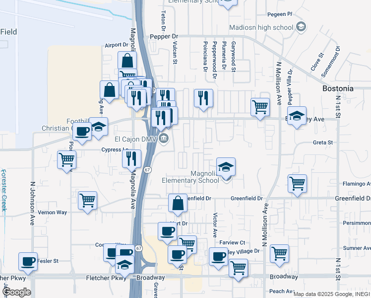 map of restaurants, bars, coffee shops, grocery stores, and more near 255 East Bradley Avenue in El Cajon