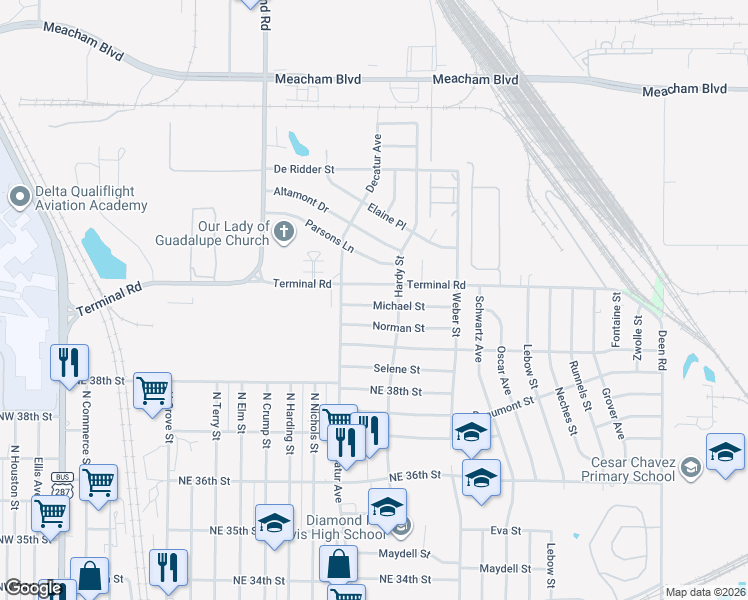 map of restaurants, bars, coffee shops, grocery stores, and more near 1405 Michael Street in Fort Worth
