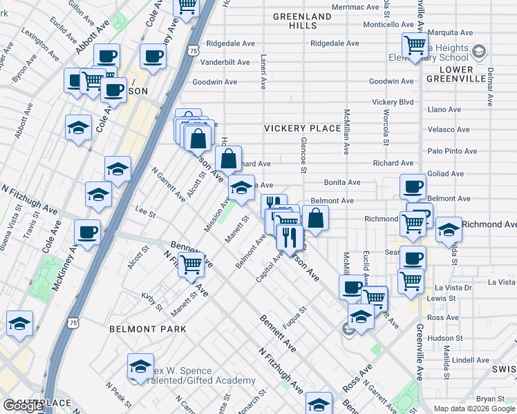 map of restaurants, bars, coffee shops, grocery stores, and more near 2603 Madera Street in Dallas