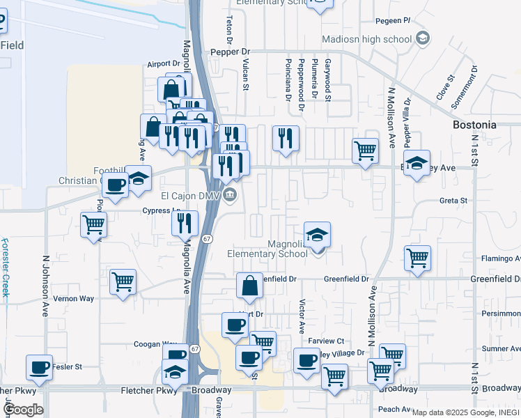 map of restaurants, bars, coffee shops, grocery stores, and more near 255 East Bradley Avenue in El Cajon