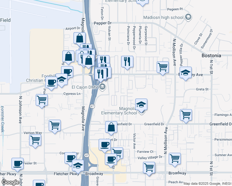 map of restaurants, bars, coffee shops, grocery stores, and more near 255 East Bradley Avenue in El Cajon