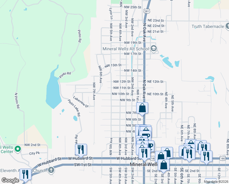 map of restaurants, bars, coffee shops, grocery stores, and more near 1107 Northwest 4th Avenue in Mineral Wells