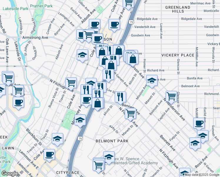 map of restaurants, bars, coffee shops, grocery stores, and more near 2856 Lee Street in Dallas