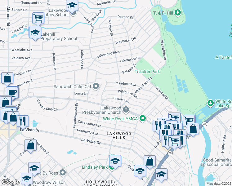 map of restaurants, bars, coffee shops, grocery stores, and more near 6930 Wildgrove Avenue in Dallas