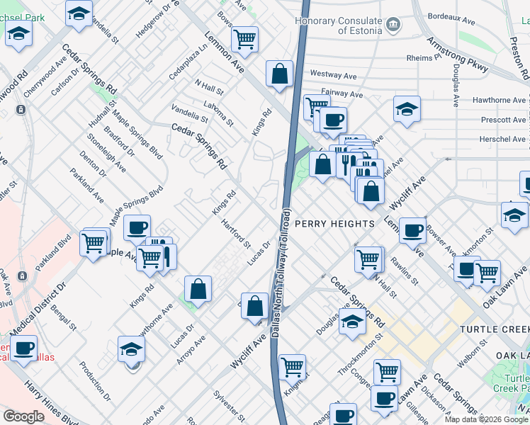 map of restaurants, bars, coffee shops, grocery stores, and more near 4533 Cedar Springs Road in Dallas