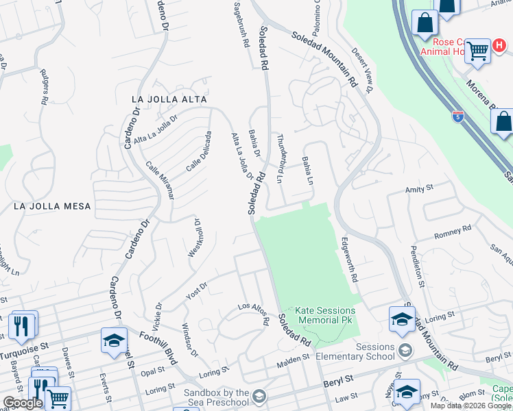 map of restaurants, bars, coffee shops, grocery stores, and more near 5435 Soledad Road in San Diego