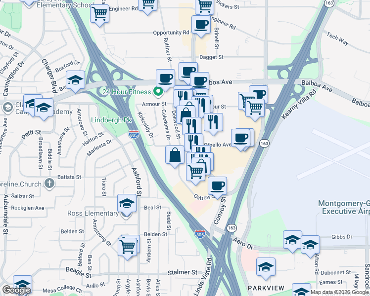 map of restaurants, bars, coffee shops, grocery stores, and more near 7739 Othello Avenue in San Diego
