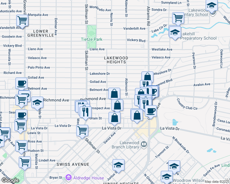 map of restaurants, bars, coffee shops, grocery stores, and more near 6226 Belmont Avenue in Dallas
