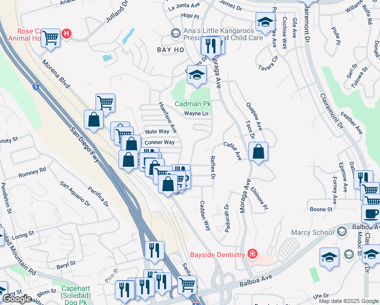 map of restaurants, bars, coffee shops, grocery stores, and more near 4132 Avati Drive in San Diego