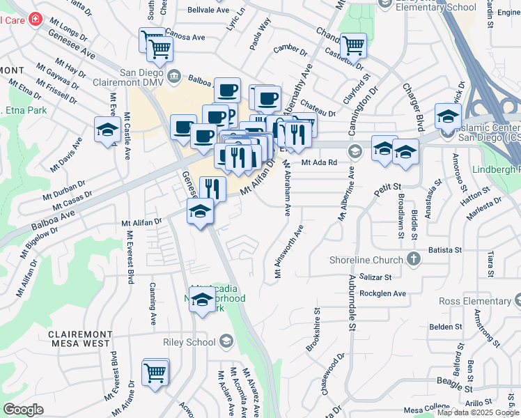 map of restaurants, bars, coffee shops, grocery stores, and more near 3882 Caminito Aguilar in San Diego