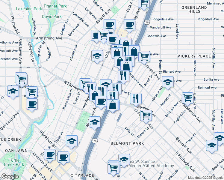 map of restaurants, bars, coffee shops, grocery stores, and more near 4245 North Central Expressway in Dallas