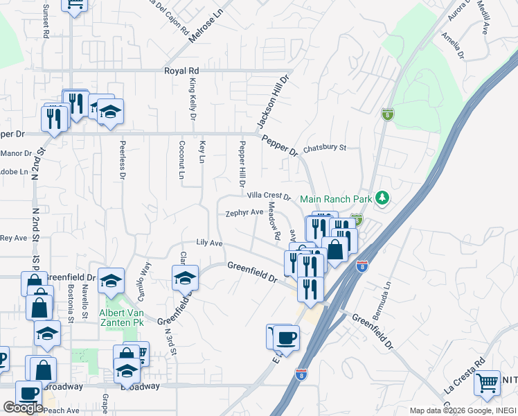map of restaurants, bars, coffee shops, grocery stores, and more near 1616 Zephyr Avenue in El Cajon