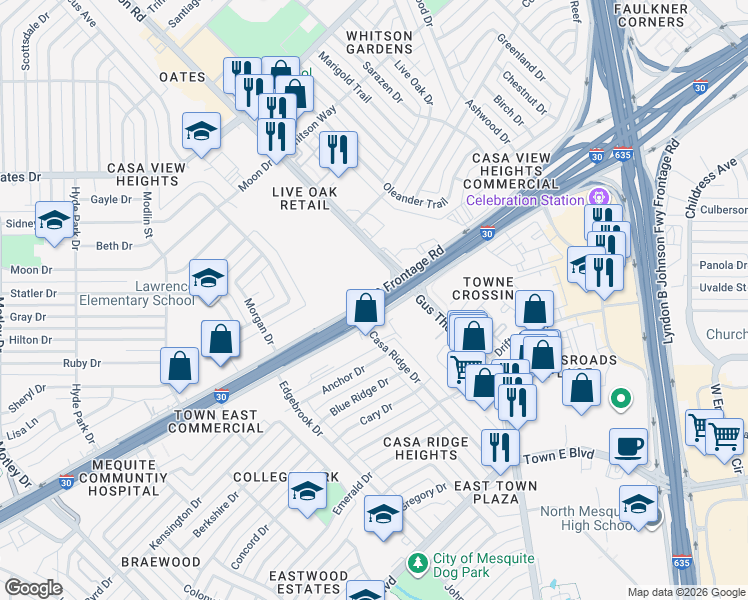 map of restaurants, bars, coffee shops, grocery stores, and more near U.S. Highway 67 in Mesquite