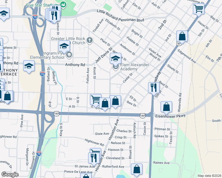 map of restaurants, bars, coffee shops, grocery stores, and more near 2376 2nd Street in Macon