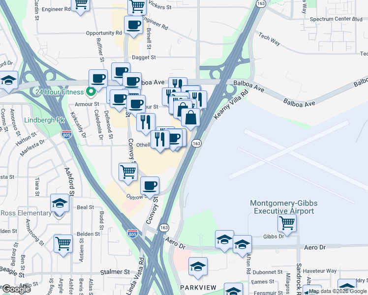 map of restaurants, bars, coffee shops, grocery stores, and more near 8095 Othello Avenue in San Diego