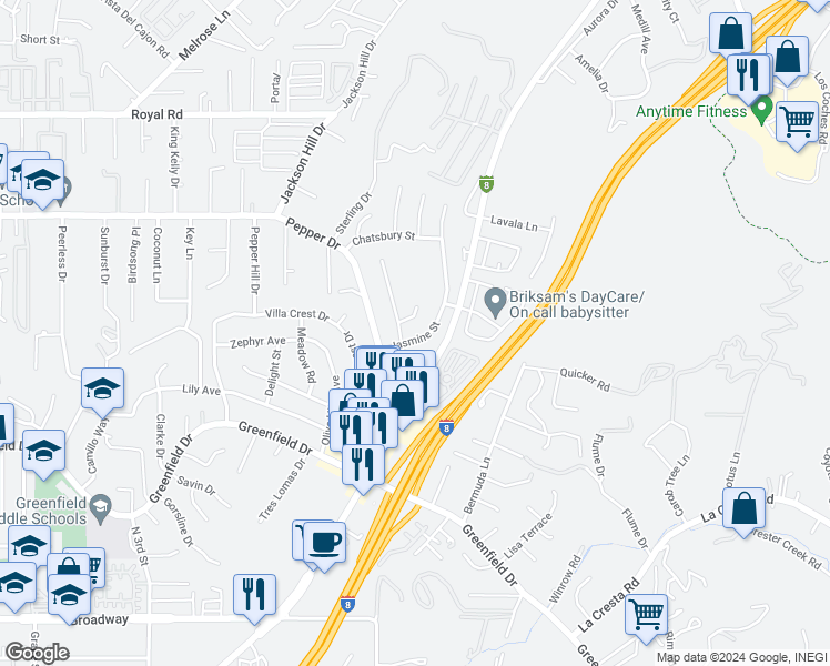 map of restaurants, bars, coffee shops, grocery stores, and more near 1726 Jasmine Street in El Cajon