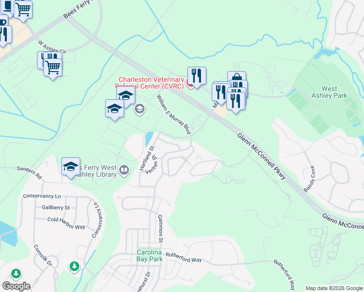 map of restaurants, bars, coffee shops, grocery stores, and more near 4206 Scharite Street in Charleston
