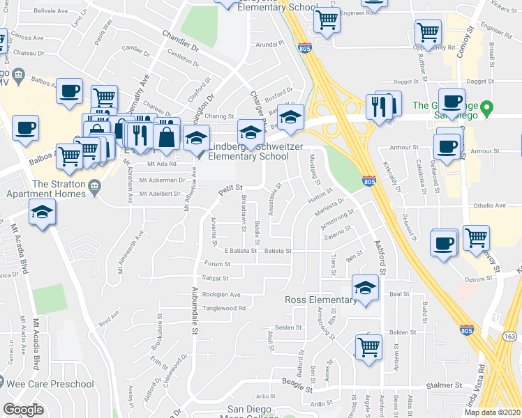 map of restaurants, bars, coffee shops, grocery stores, and more near 3982 Biddle Street in San Diego