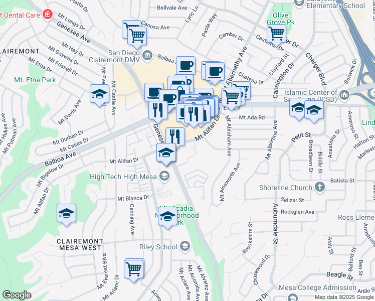 map of restaurants, bars, coffee shops, grocery stores, and more near 4113 Mount Alifan Drive in San Diego
