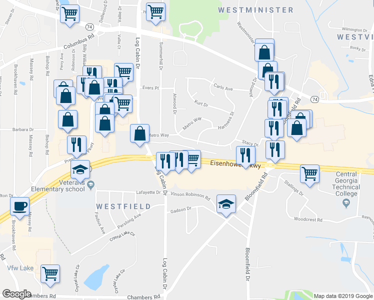 map of restaurants, bars, coffee shops, grocery stores, and more near 4690 Log Cabin Drive in Macon