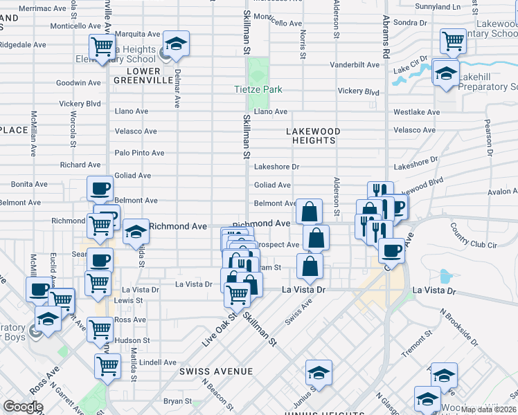 map of restaurants, bars, coffee shops, grocery stores, and more near 6126 Belmont Avenue in Dallas