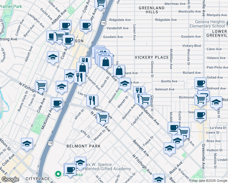 map of restaurants, bars, coffee shops, grocery stores, and more near 5129 Mission Avenue in Dallas