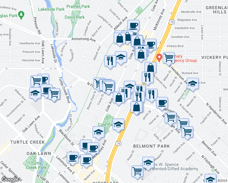 map of restaurants, bars, coffee shops, grocery stores, and more near 4216 Cole Avenue in Dallas