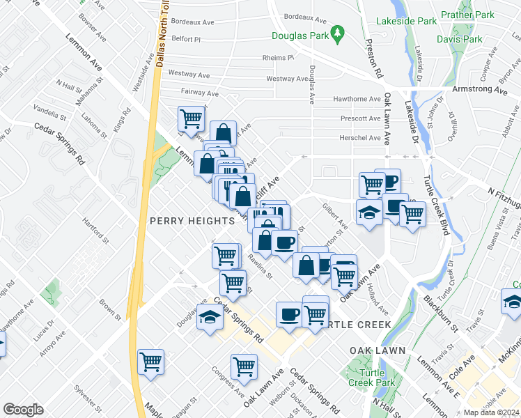 map of restaurants, bars, coffee shops, grocery stores, and more near 4223 Bowser Avenue in Dallas