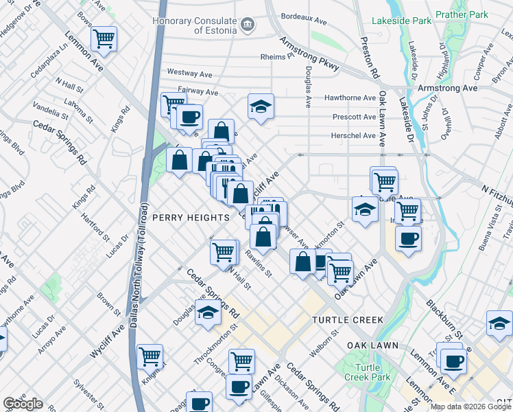map of restaurants, bars, coffee shops, grocery stores, and more near 4223 Bowser Avenue in Dallas