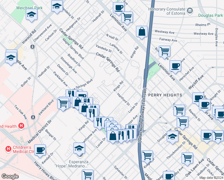 map of restaurants, bars, coffee shops, grocery stores, and more near 2833 Kings Road in Dallas