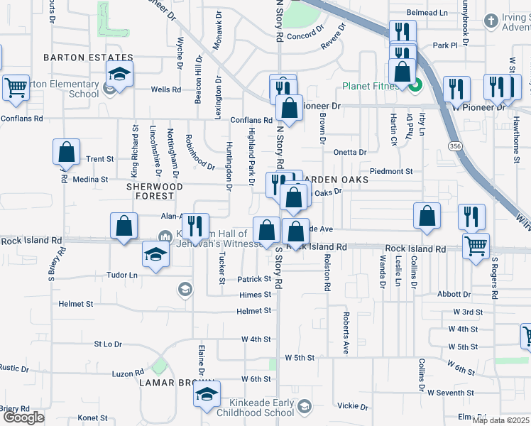 map of restaurants, bars, coffee shops, grocery stores, and more near 140 Highland Park Court in Irving