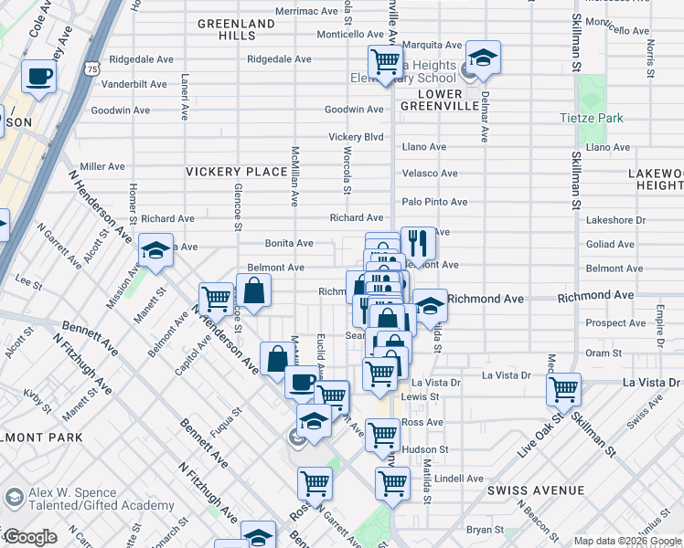 map of restaurants, bars, coffee shops, grocery stores, and more near 5552 Belmont Avenue in Dallas