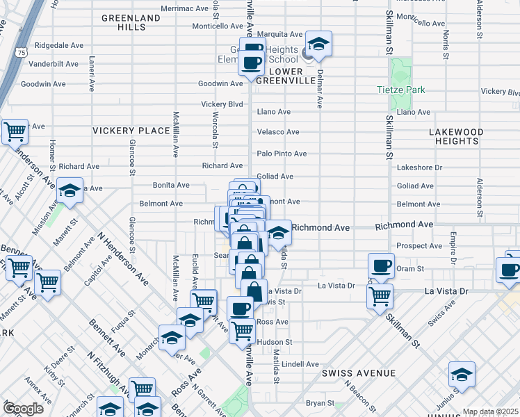 map of restaurants, bars, coffee shops, grocery stores, and more near 2222 Greenville Avenue in Dallas
