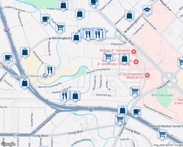 map of restaurants, bars, coffee shops, grocery stores, and more near 1530 Record Crossing Road in Dallas
