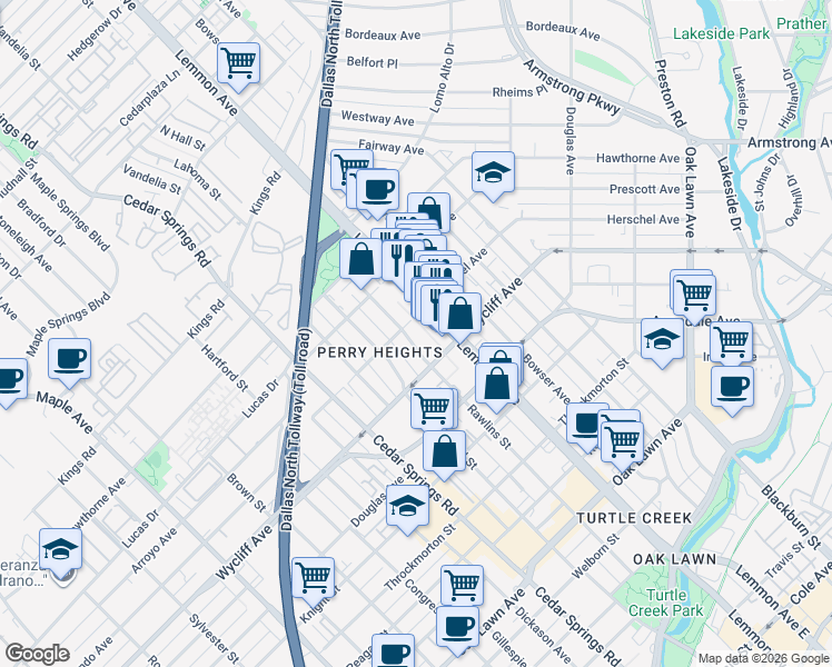 map of restaurants, bars, coffee shops, grocery stores, and more near 4330 Rawlins Street in Dallas