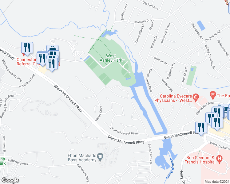 map of restaurants, bars, coffee shops, grocery stores, and more near 1690 Wayah Drive in Charleston