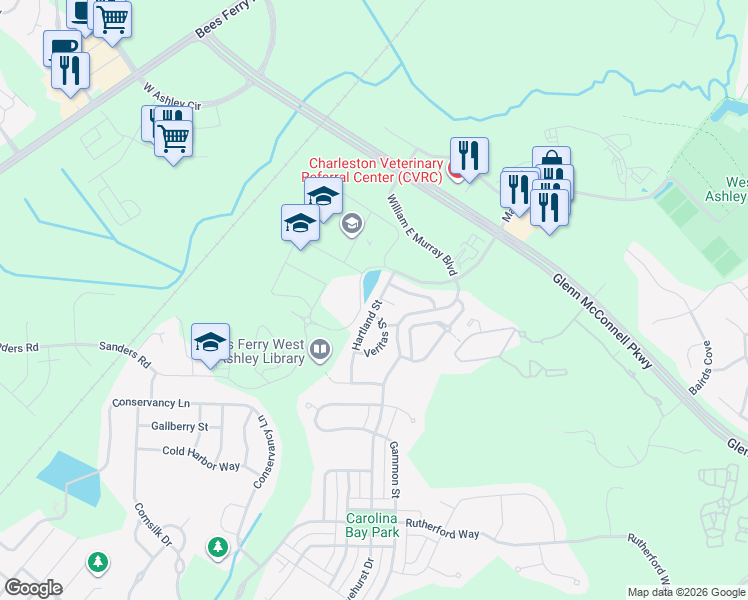 map of restaurants, bars, coffee shops, grocery stores, and more near 4031 Hartland Street in Charleston