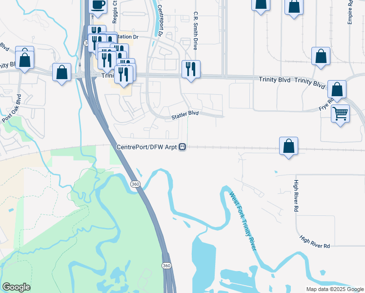 map of restaurants, bars, coffee shops, grocery stores, and more near 14470 Statler Boulevard in Fort Worth