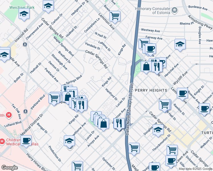 map of restaurants, bars, coffee shops, grocery stores, and more near 2930 Kings Road in Dallas