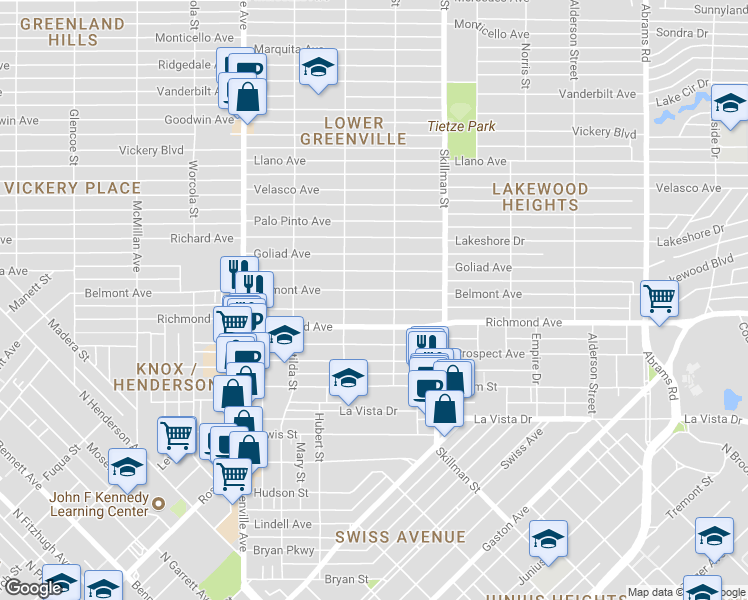 map of restaurants, bars, coffee shops, grocery stores, and more near 5930 Belmont Avenue in Dallas