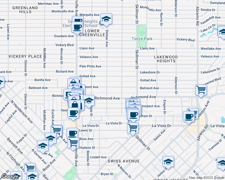 map of restaurants, bars, coffee shops, grocery stores, and more near 5916 Belmont Avenue in Dallas