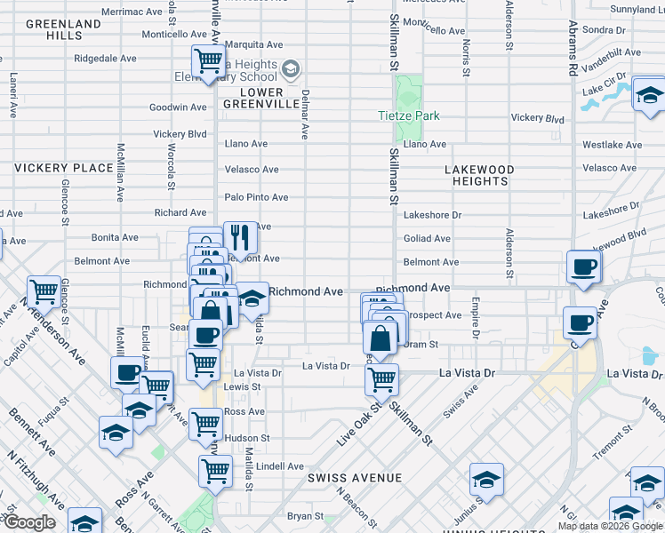 map of restaurants, bars, coffee shops, grocery stores, and more near 5930 Belmont Avenue in Dallas