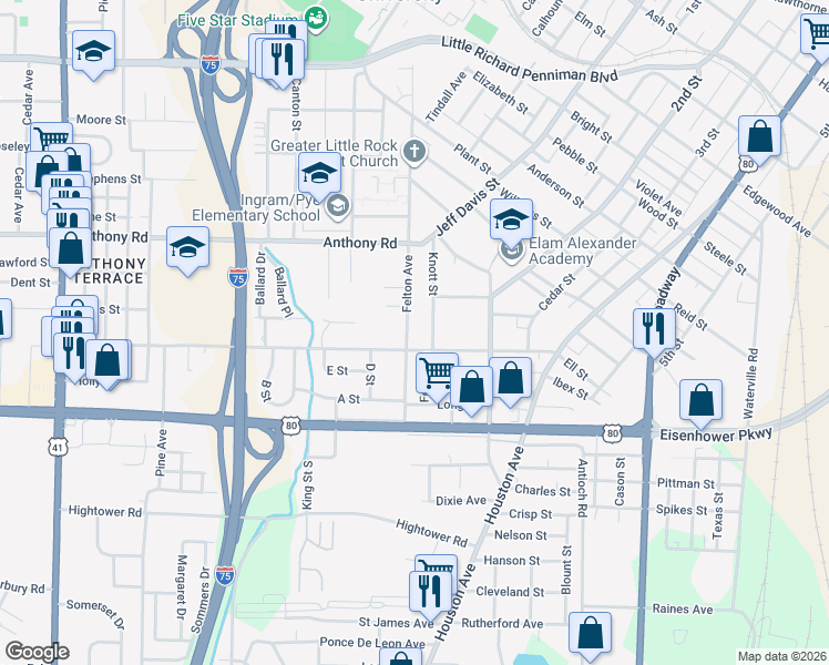map of restaurants, bars, coffee shops, grocery stores, and more near 2362 Felton Avenue in Macon