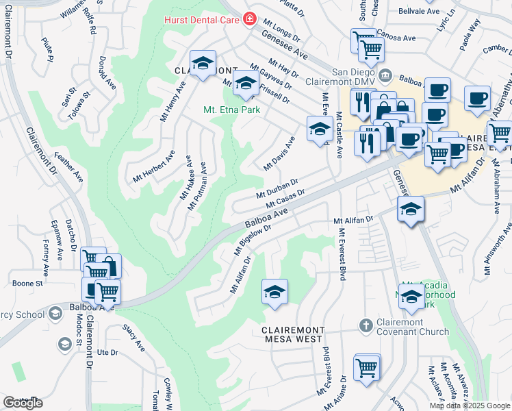 map of restaurants, bars, coffee shops, grocery stores, and more near 4802 Mount Casas Drive in San Diego