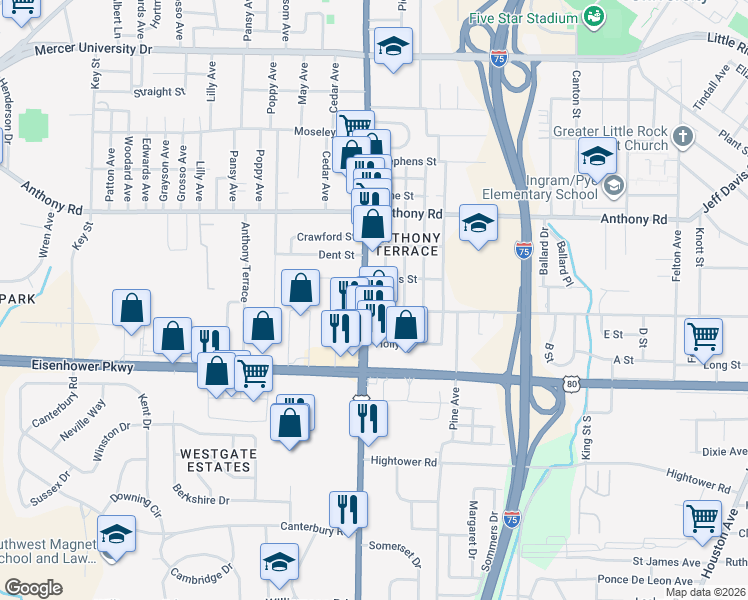 map of restaurants, bars, coffee shops, grocery stores, and more near 2386 Pio Nono Avenue in Macon