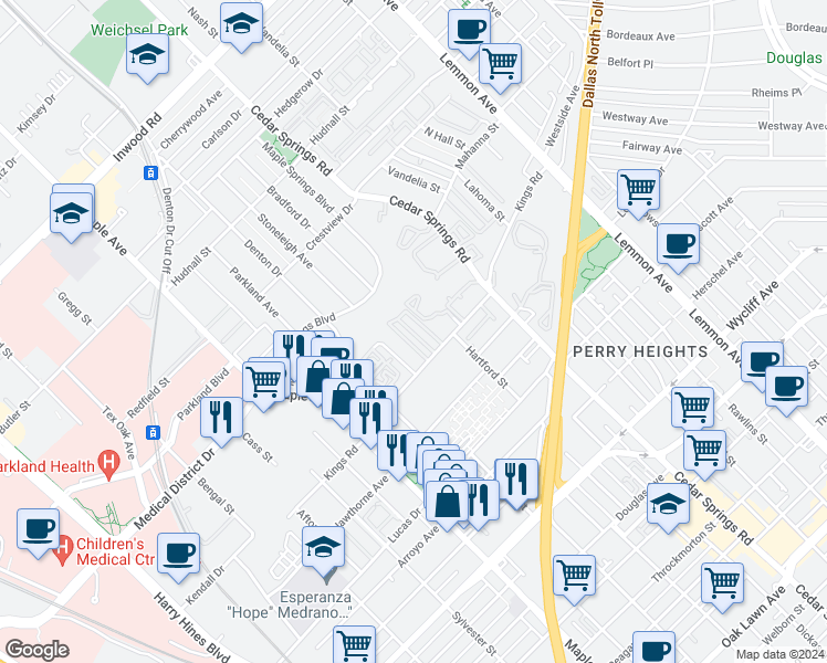 map of restaurants, bars, coffee shops, grocery stores, and more near 4806 Bradford Drive in Dallas